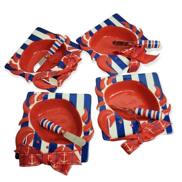 Mud Pie set of 4 crab dip bowl with spreader, nautical red white blue - Picture 1 of 5